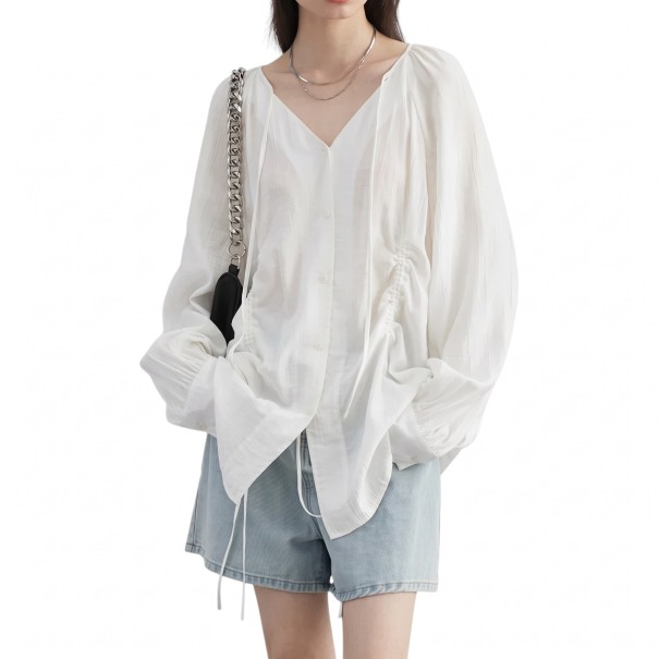 Women's Long Sleeve Blouse with V-Neck, Button Fastening and Adjustable Drawstrings on the Sides of the Front white S