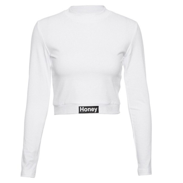 Women's long-sleeve cropped top with collar Fitted white crop cut Black patch with lettering on the hem Cotton with spandex XS