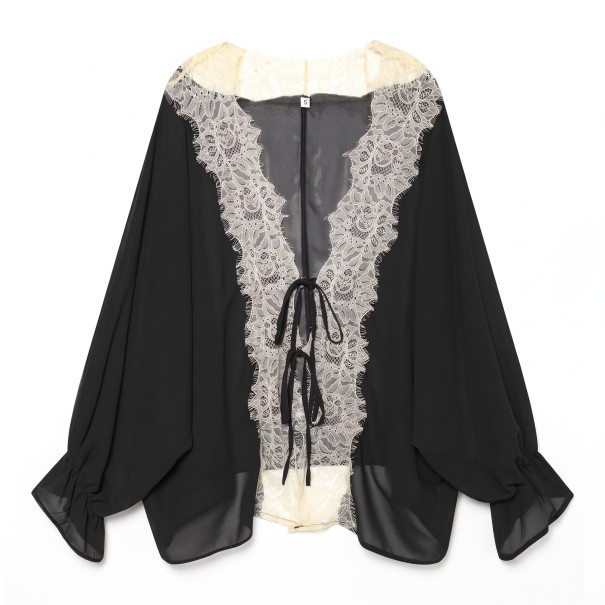 Women's Loose-Fitting Blouse with Lace in the Centre of the Front Panel, Long Wide Sleeves, Boat Neckline, and Bow Tie black XS