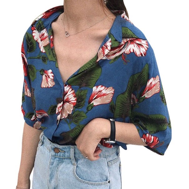 Women's Loose-Fitting Shirt with Short Sleeves and Print of Large Tropical Flowers and Leaves Open Collar Button Fastening Cotton blue