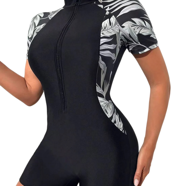 Women's One-Piece Swimsuit Short Sleeve Zip at the Neck Shorts Bottom Plain Polyester Spandex Sports Swimwear grey L