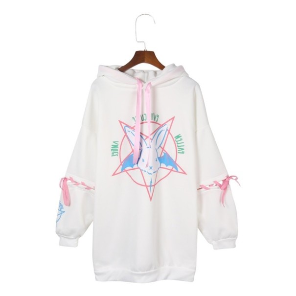 Women's Oversized Hoodie Bunny Print with Bat Wings Ribbon Lacing on Sleeves Bow on Hood Polyester and Cotton white
