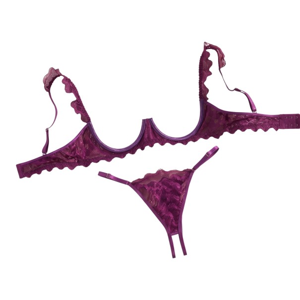 Women's Purple Lace Lingerie Set with Open Cups and Ruffled Straps and Open-Crotch Thong S