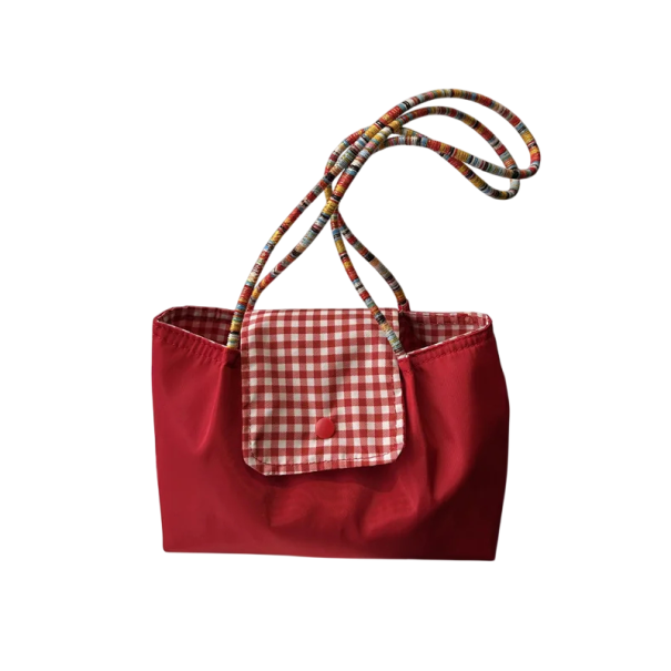 Women's Red Shoulder Bag Check Pattern Lightweight Textile Handbag for Everyday Use Material Nylon and Polyester Fashion Accessory 1