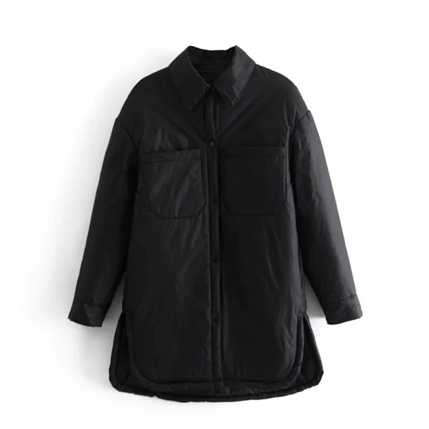 Women's Shirt Jacket Extended Loose Fit Two Chest Pockets Side Slits Rounded Hem Made from Polyester and Cotton black S