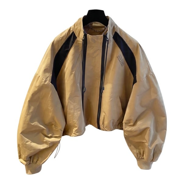 Women's Short Jacket with Stand Collar and Double Zip with Contrast Stripes and Adjustable Oversized Hem for Spring and Autumn khaki L