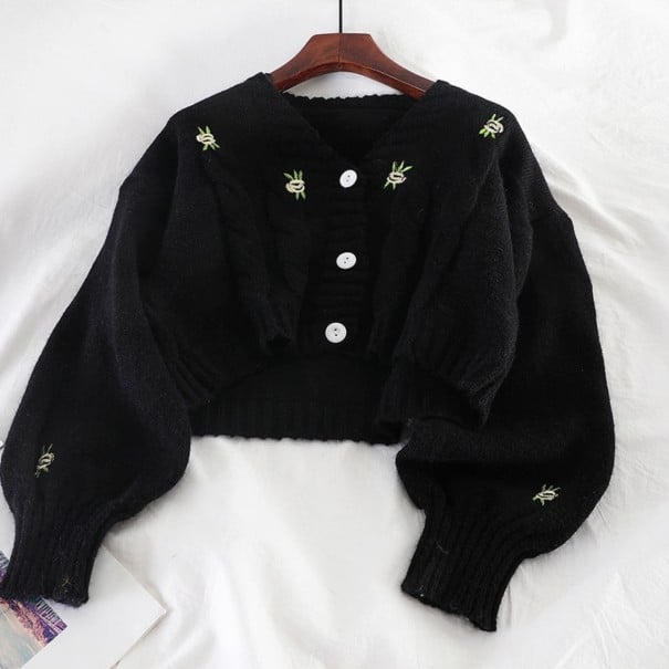 Women's Short Sweater with Rose Embroidery black