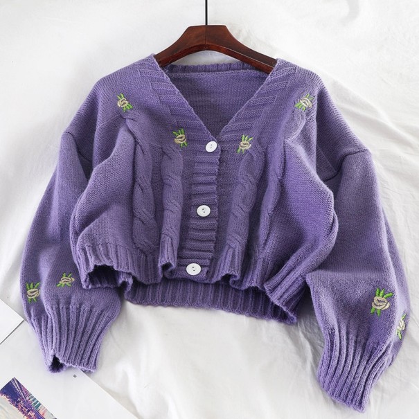 Women's Short Sweater with Rose Embroidery purple