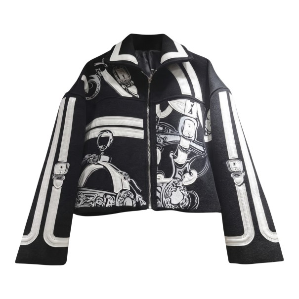 Women's Short Zip-Up Jacket with Pattern, Collar and Decorative Stripes with Buckles on Sleeves, Loose Fit, Universal Size black