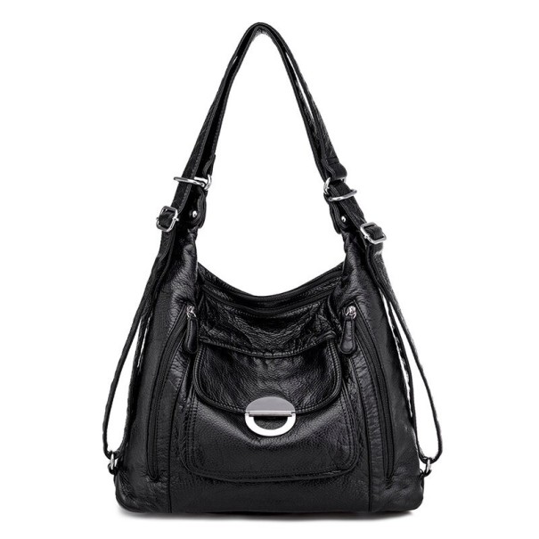 Women's Shoulder Bag Made of PU Leather Soft Bag with Front Pocket and Metal Ring Side Zip Pockets Handles with Buckles 35 x 25 x 12 cm black 1