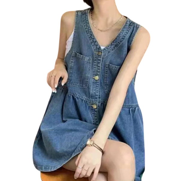 Women's Sleeveless Denim Dress with V-Neck and Buttons Casual Summer Loose Fit with Breast Pockets and Gathered Waist M