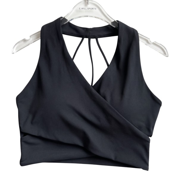 Women's Sports Bra with Deep V-Neck and Crossed Front with Thin Straps on the Back in Short Cut for Yoga black S