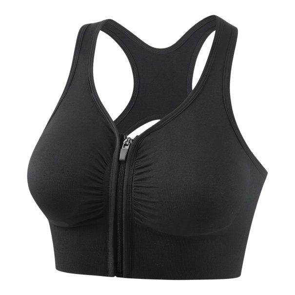 Women's Sports Bra with Front Zip and Y-Shaped Back with Cut-Out and Wide Straps with Elasticated Hem for Running and Fitness black L