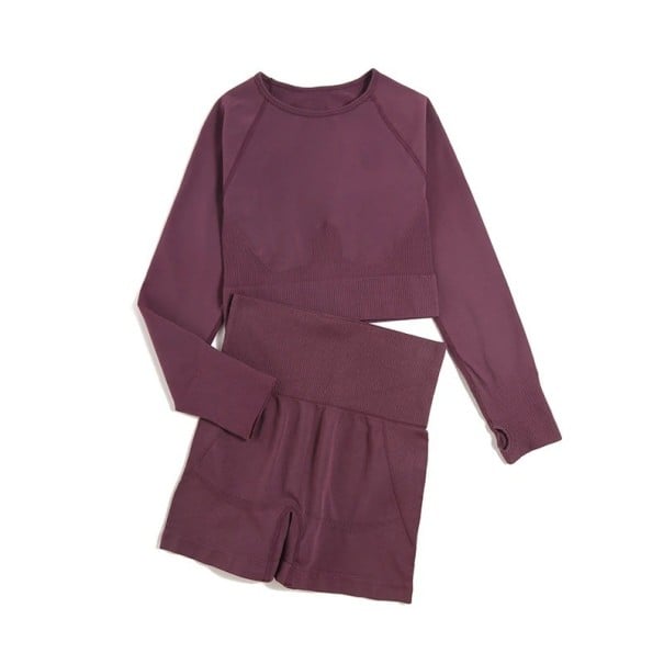 Women's Sports Set Shorts and Long Sleeve Top Plain Fitness Set Made of Nylon burgundy L
