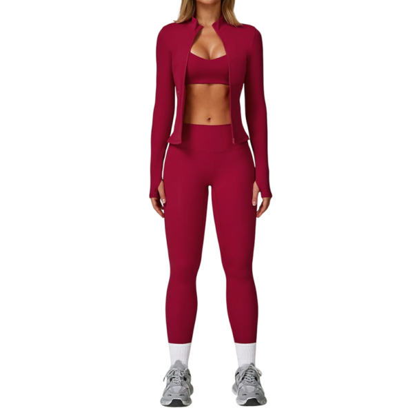 Women's Sports Set with Zip Hoodie, Leggings and Sports Bra, Plain Colour, Nylon, Spandex, Comfortable and Stylish for Fitness and Leisure red S