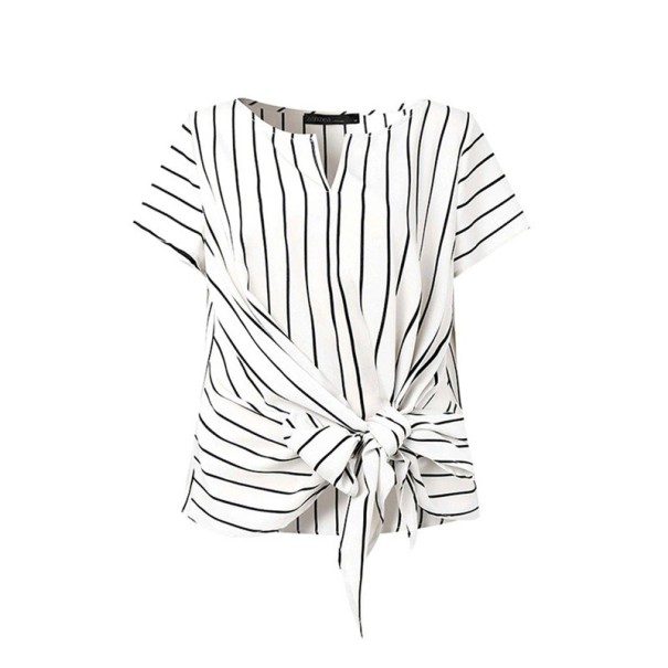 Women's Striped Blouse with V-Neck and Waist Tie Bow Elegant Lightweight Blouse for Everyday Wear white L