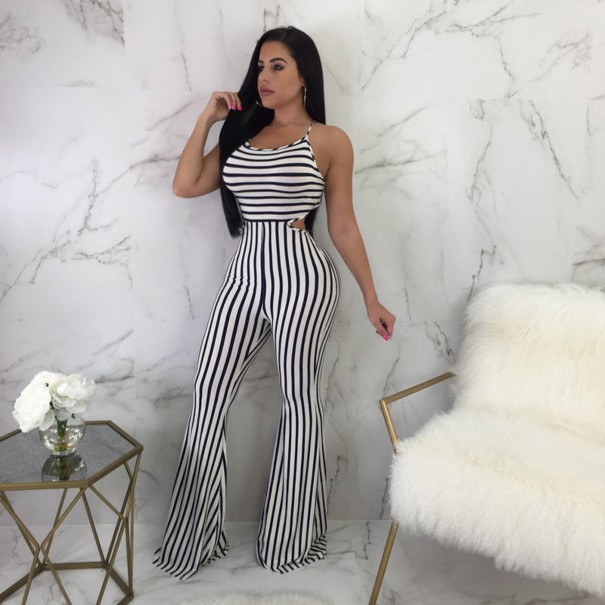 Women's Striped Jumpsuit with Exposed Back M