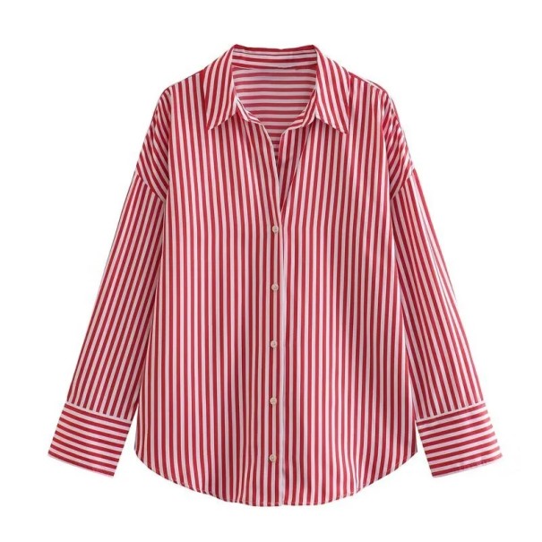 Women's Striped Loose-Fitting Long Sleeve Shirt with Collar Elegant Button-Up Blouse Made of Lightweight Polyester Stylish Top in Various Colours red M
