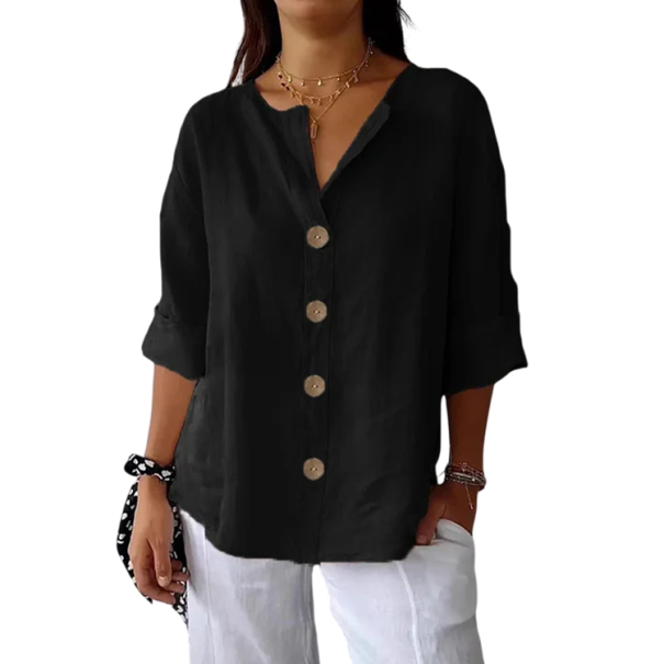 Women's Summer Loose Shirt with Three-Quarter Sleeves, V-Neck, No Collar, Large Buttons and Straight Hem black L