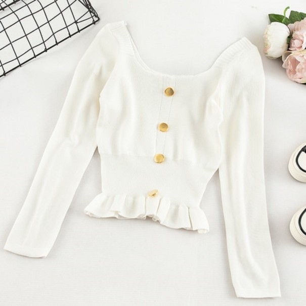 Women's Sweater with Buttons and Ruffle white