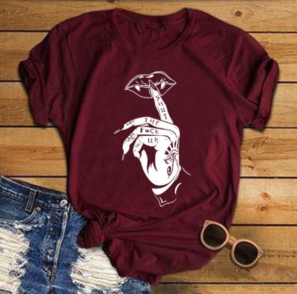 Women's T-shirt with Hand Motif wine red L