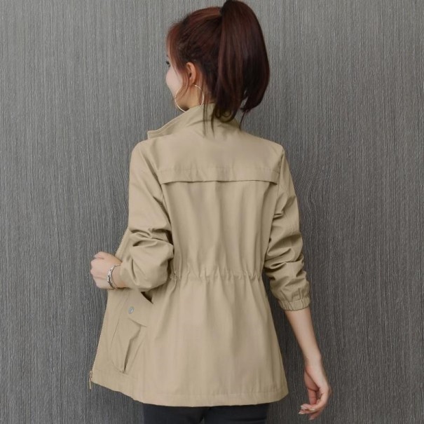 Women's Transitional Jacket with Stand-Up Collar and Cinched Waist for Spring and Autumn Large Flap Pockets Zip Fastening Polyester beige L