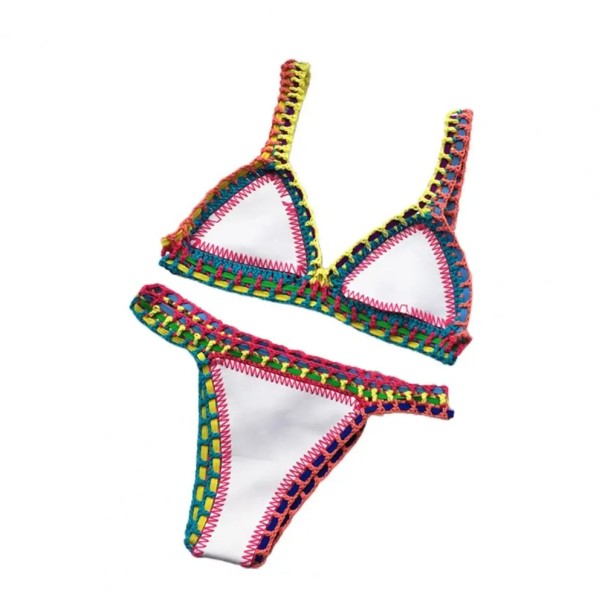 Women's Two-Piece Crocheted Bikini Triangle Bra Brazilian Cut Hand-Stitched Edging Summer Swimwear for Beach and Swimming Boho Style white S