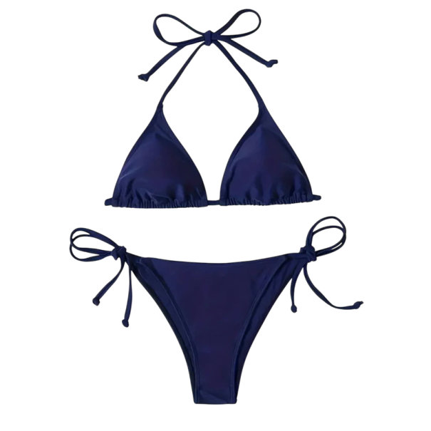 Women's Two-Piece Dark Blue Bikini Triangle Bra Thong Briefs Ties Summer Swimwear for Beach and Swimming S