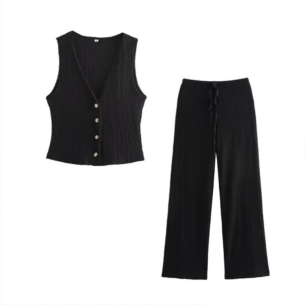 Women's Waistcoat and Trousers Set Waistcoat with Button Fastening and V-Neck Wide Trousers with Drawstring Polyester Two-Piece Outfit black XS