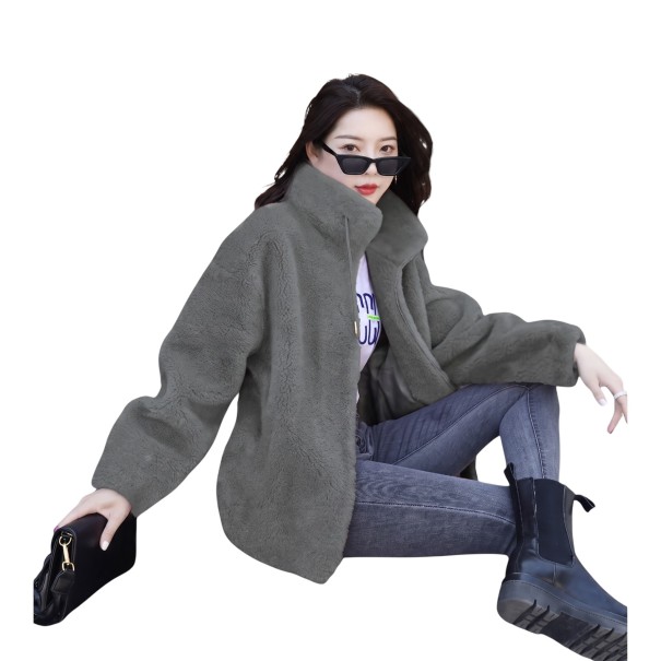 Women's Warm Winter Zip Coat with High Collar and Adjustable Drawstring Plush Loose Fit with Pockets for Winter grey M
