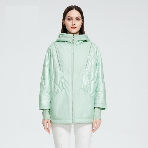 Women's Waterproof Zip-Up Jacket Shiny Quilted Panels Wide Sleeves with Knitted Cuffs Loose Fit 100% Polyester light green 3XL