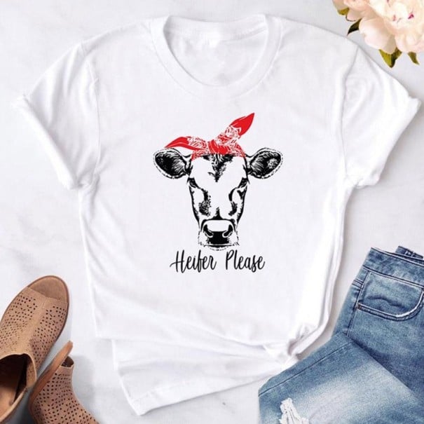 Women's White T-Shirt with Cow Print M 3