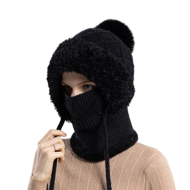 Women's Winter Balaclava with Pom-Pom Head Circumference 55–60 cm Warm Knitted Headwear with Ties for Winter black