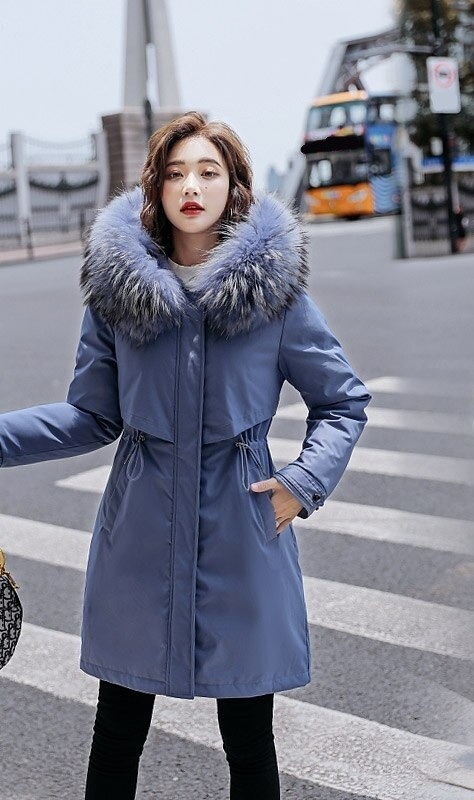 Women's Winter Coat with Fur P1658 blue XS