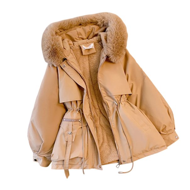 Women's Winter Jacket with Fur Hood Zip and Button Fastening Drawstring at Waist Polyester Design Hand Pockets Warm Stylish Winter Jacket cream XL