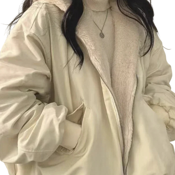 Women's Winter Jacket with Hood Zip Fastening Warm Fleece Lining Polyester Design Hand Pockets Comfortable Warm Jacket for Winter beige M