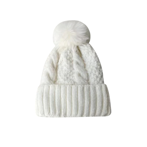 Women's Winter Knitted Twist Hat with Fur Pom-Pom Polyester Warm Hat 55–60 cm Solid Colour Ski Hat with Fluffy Pom-Pom white