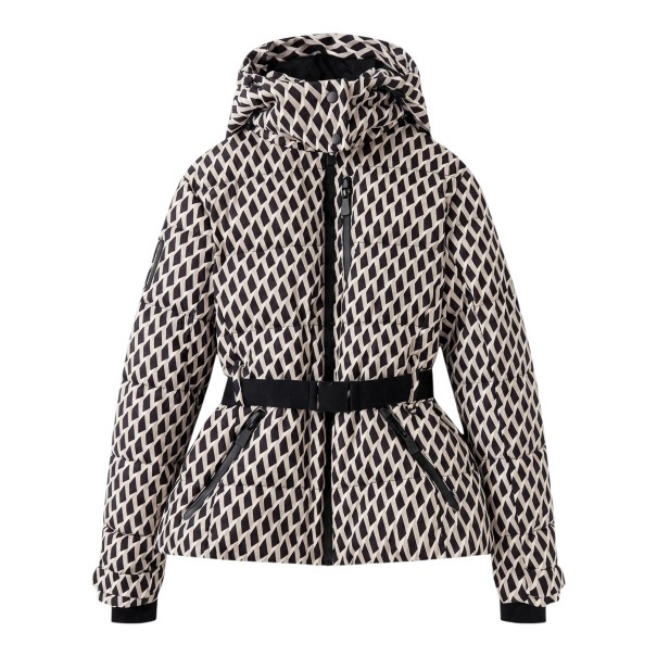 Women's Winter Ski Jacket with Diamond Pattern and Hood with Chest Pocket and Waist Belt Quilted Black and White for the Mountains XS