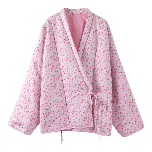 Women's Wrap Cardigan with Floral Print Kimono Style with Ties and Wide Sleeves Pink Cardigan for the City and Home S