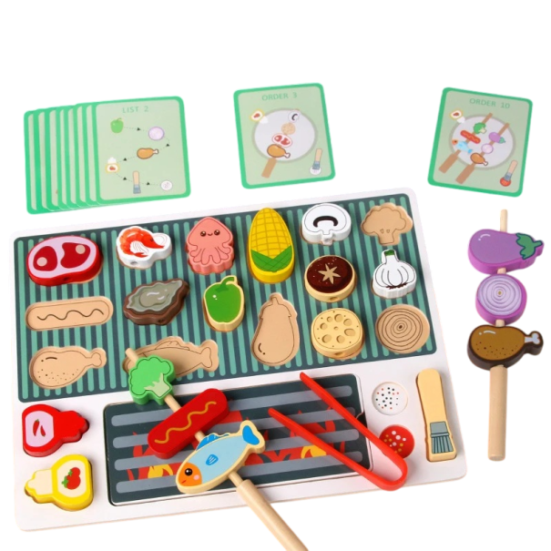 Wooden Barbecue Set 30 cm Skewering Game with Task Cards Vegetables Meat Fish Colourful Board with Holes and Accessories 1