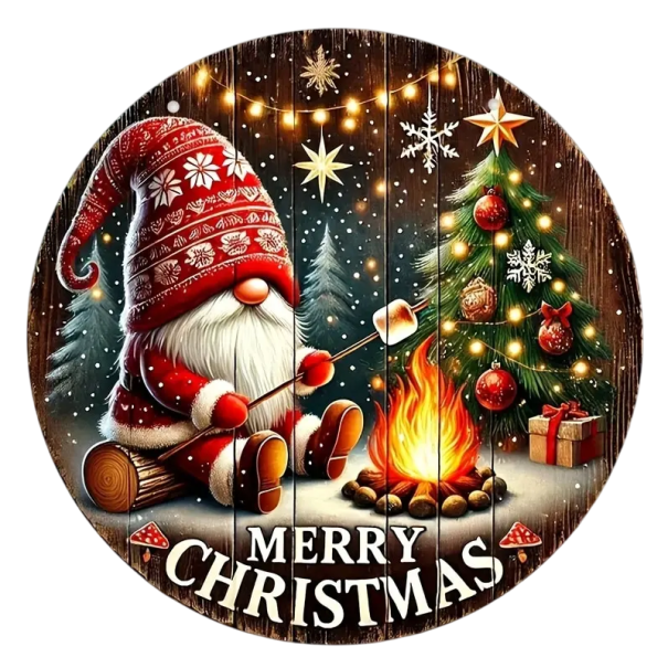 Wooden Circular Hanging Christmas Decoration 20 cm Gnome with Red Hat Roasting Marshmallows over Fire Tree Decoration 1