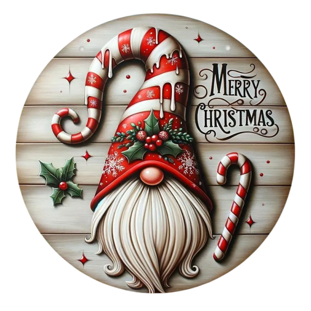 Wooden Circular Hanging Christmas Decoration Gnome with Red Hat and White Beard Diameter 20 cm Ornament for Tree or Wall 1