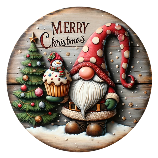 Wooden Hanging Christmas Decoration Diameter 20 cm Round Ornament with Gnome Wearing a Red Hat and Beard Christmas Tree in the Background Christmas Decoration 1