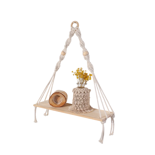 Wooden Hanging Wall Shelf 10 × 35 × 38 cm Single-Tier Shelf with Rope and Beads Decorative Boho Shelf white