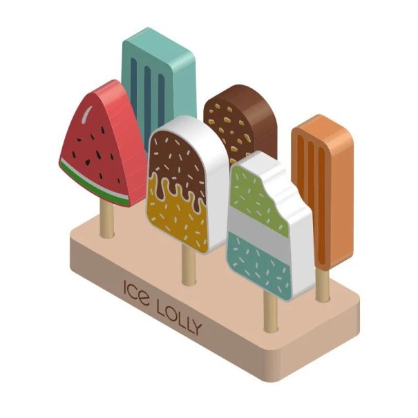 Wooden Ice Cream Stand with 6 Ice Lollies Montessori Food Toy Kitchen Educational Set for Toddlers Various Types 1