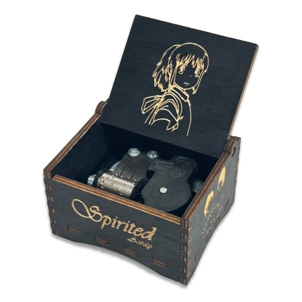 Wooden Music Box Anime Design Girl Hand-Wound 6.4 × 5.2 × 4.2 cm Plywood Black Engraving Decoration Gift 1