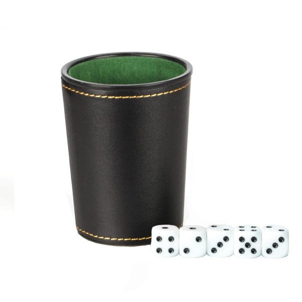 Würfelspiel 5 Stück mit Becher 9 x 7,5 x 6 cm Lederoptik Set von Würfeln für Spielabende, Familienunterhaltung und Gesellschaftsspiele schwarz