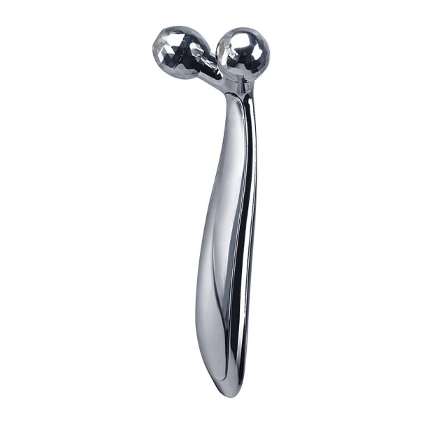 Y-vormige metalen gezichts- en lichaamsmassager. Optillende roterende ballen voor rimpelvermindering. Massage-apparaat voor volledige lichaamsontspanning. 13 x 4,5 cm. zilver