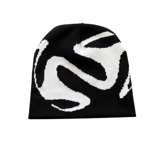 Y2K Streetwear Knitted Beanie in Polyester Black and White Harajuku Kpop Style with Teeth Motif Unisex Warm Winter Hip Hop Vintage Fashion white