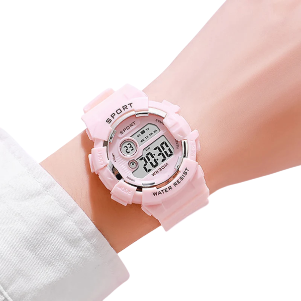 YIKAZE Kinder-Digitaluhr mit Wecker, Hintergrundbeleuchtung, Stoppuhr, Kalender und Wasserdichtigkeit bis 30 m für Jungen und Mädchen rosa